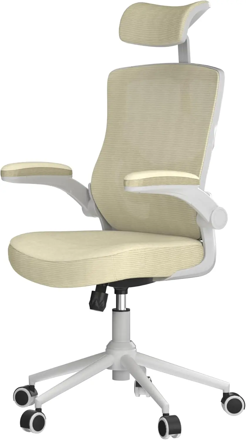 Silla ergonómica de escritorio de malla, sillón de ordenador con respaldo alto, reposacabezas ajustable con brazos abatibles, soporte Lumbar (moderno, Beige)