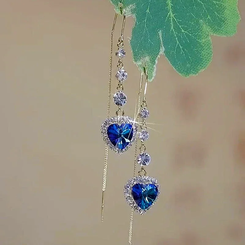 New Blue Heart Shaped Zircon Long Tassel Gold Color Ear Wire for Women Elegant Exquisite Luxurious Ladies Wedding Party Jewelry