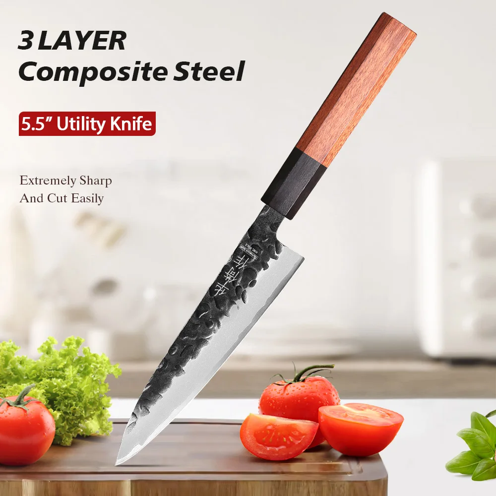5,5" Küchenmesser Japanischer 3-lagiger Obstschäler aus Verbundstahl Handgeschmiedetes Kochen Professionelles Universal-Kochmesser