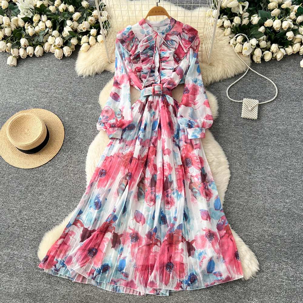 Chic vintage long sleeve print Elegant Fairy autumn hotsweet Sundress women clothing A-line dress