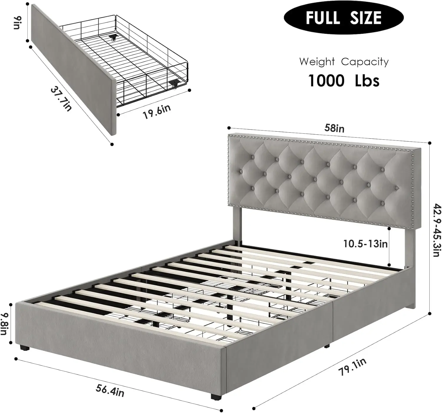 Full Size Bed Frame with 4 Storage Drawers, Modern Upholstered Platform Bed with Adjustable Headboard,Button Tufted Bed Frame wi