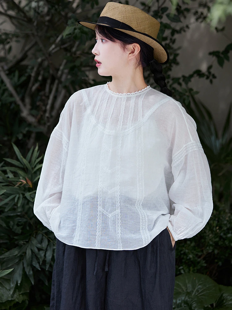 Frauen Langarm Bluse Shirt Neue Ankunft 2025, Sommer Oansatz Spitze Lose Komfortable Weibliche Casual Baumwolle Tops Shirts M1832
