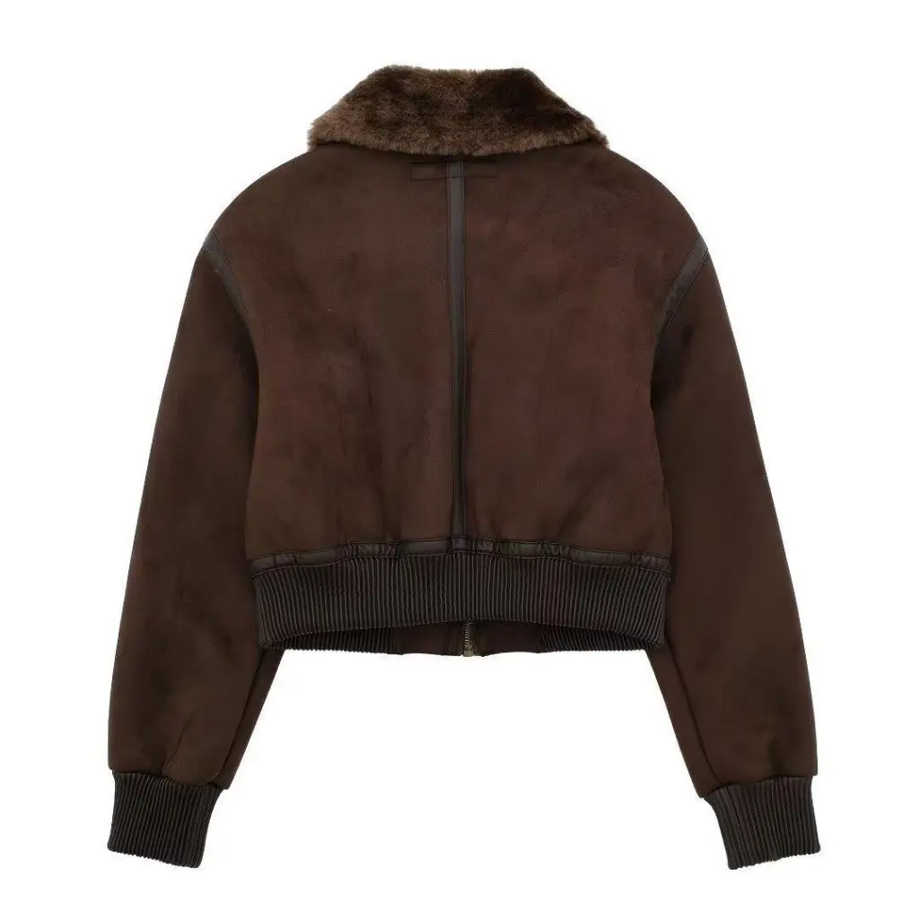 

Warm Brown Fur One-Piece Outwear Women's Motorcycle Style Lapel Jacket Top European American Style Autumn Winter Sexy