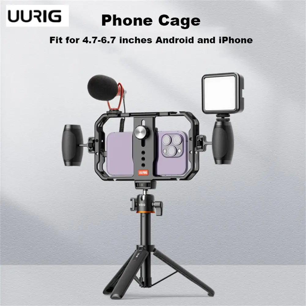 UURIG Phone Cage Handle Stabilizer with Handgrid Cold Shoe Tripod Mount For iPhone X 11 12 13 14 Pro Max Android Video Recording