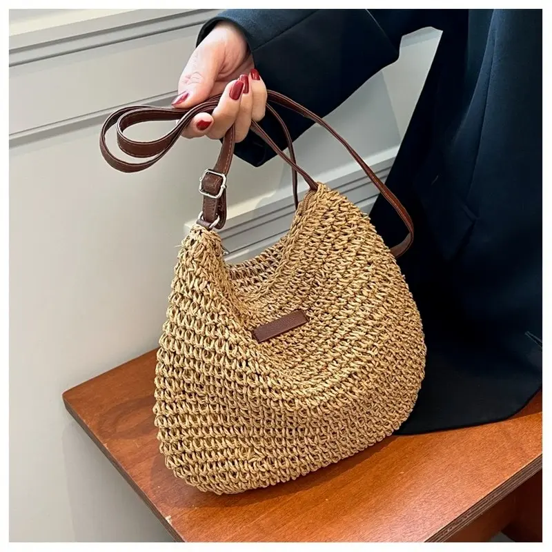 Summer Straw Crossbody Bag 2024 Ladies Beach Holiday Woven Totes Casual Bag Women Shoulder Handbags Messenger Purse Shopping Bag