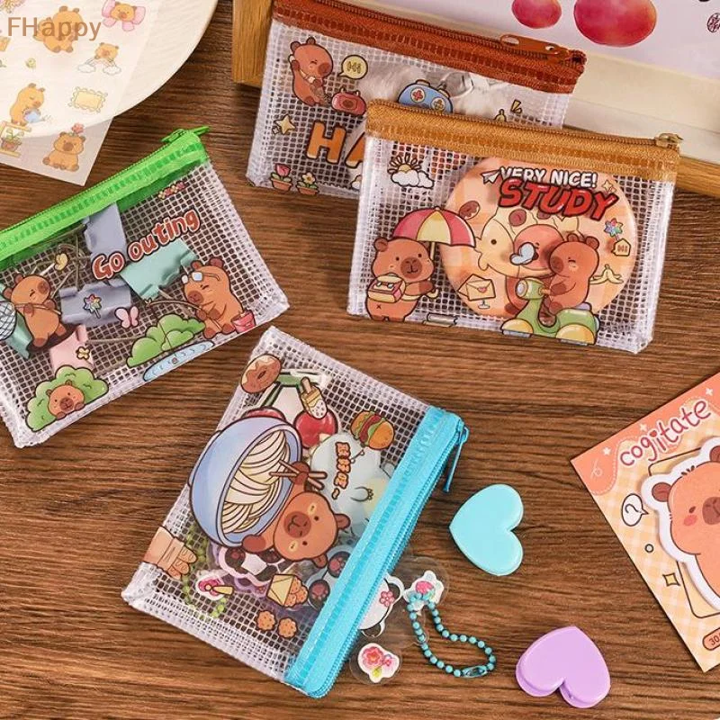 2 個かわいいカピバラコイン収納袋透明メッシュジッパー小銭入れ漫画財布ポータブル防水クリアバッグギフト