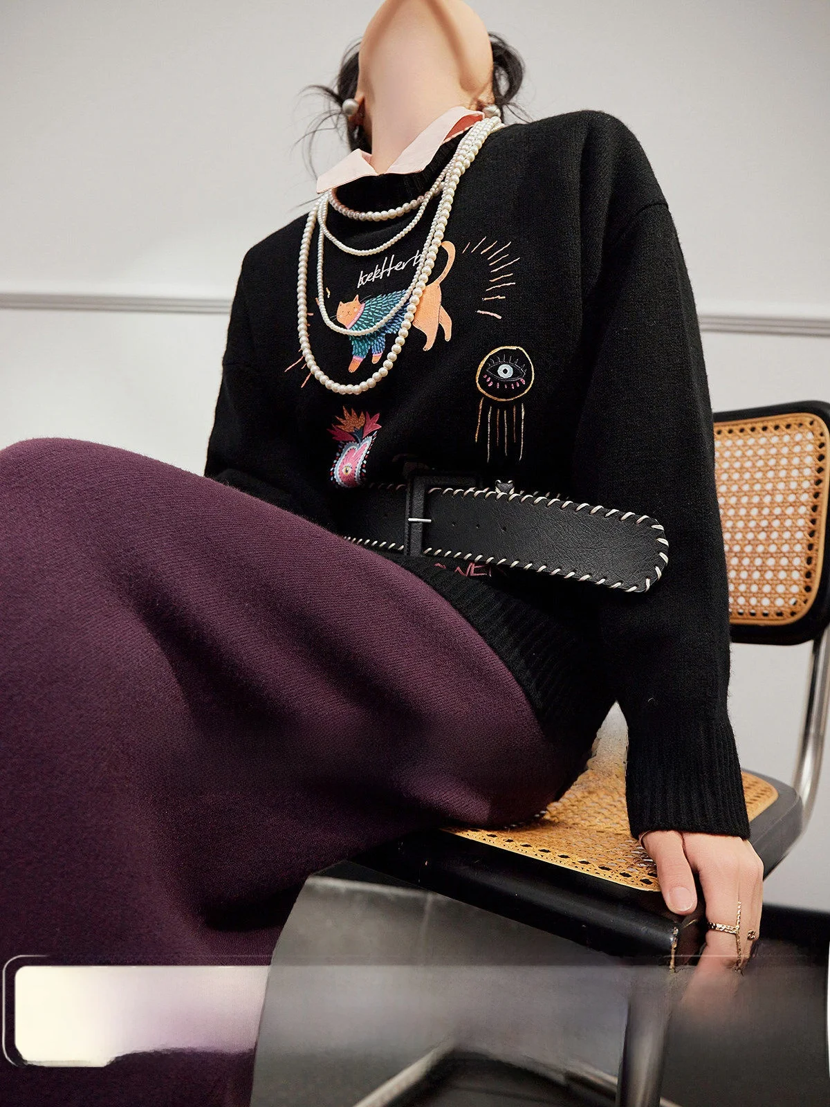 

Bla Woolen Sweater for Women Cartoon Print Casual Sle Uncle Brand Commute Sle Long Sve round Ne Top