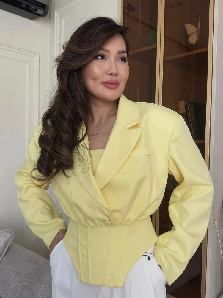 

Короткая куртка с лацканами «рыбья кость», женские сексуальные топы-футляры без рукавов с открытой спиной, свободные пальто с длинными рукавами, модный женский костюм из 2 предметов