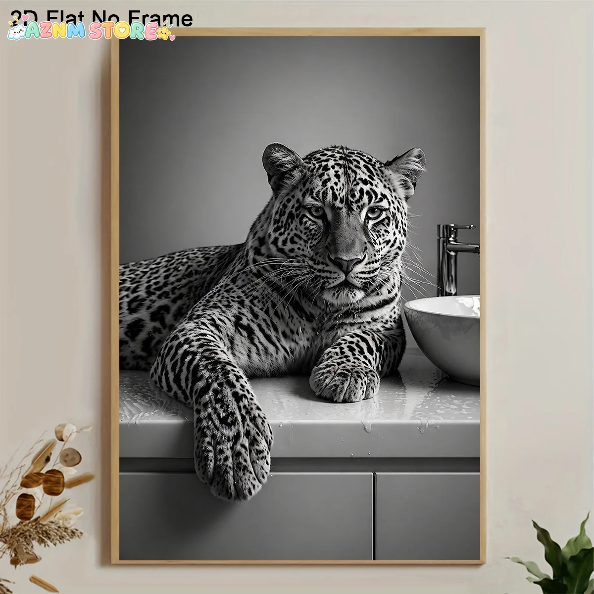 2027,2D Flat, 2D Flat, Frameless Canvas Poster, Black And White Majestic Leopard Resting by Sink Minimalist Animal Photograph