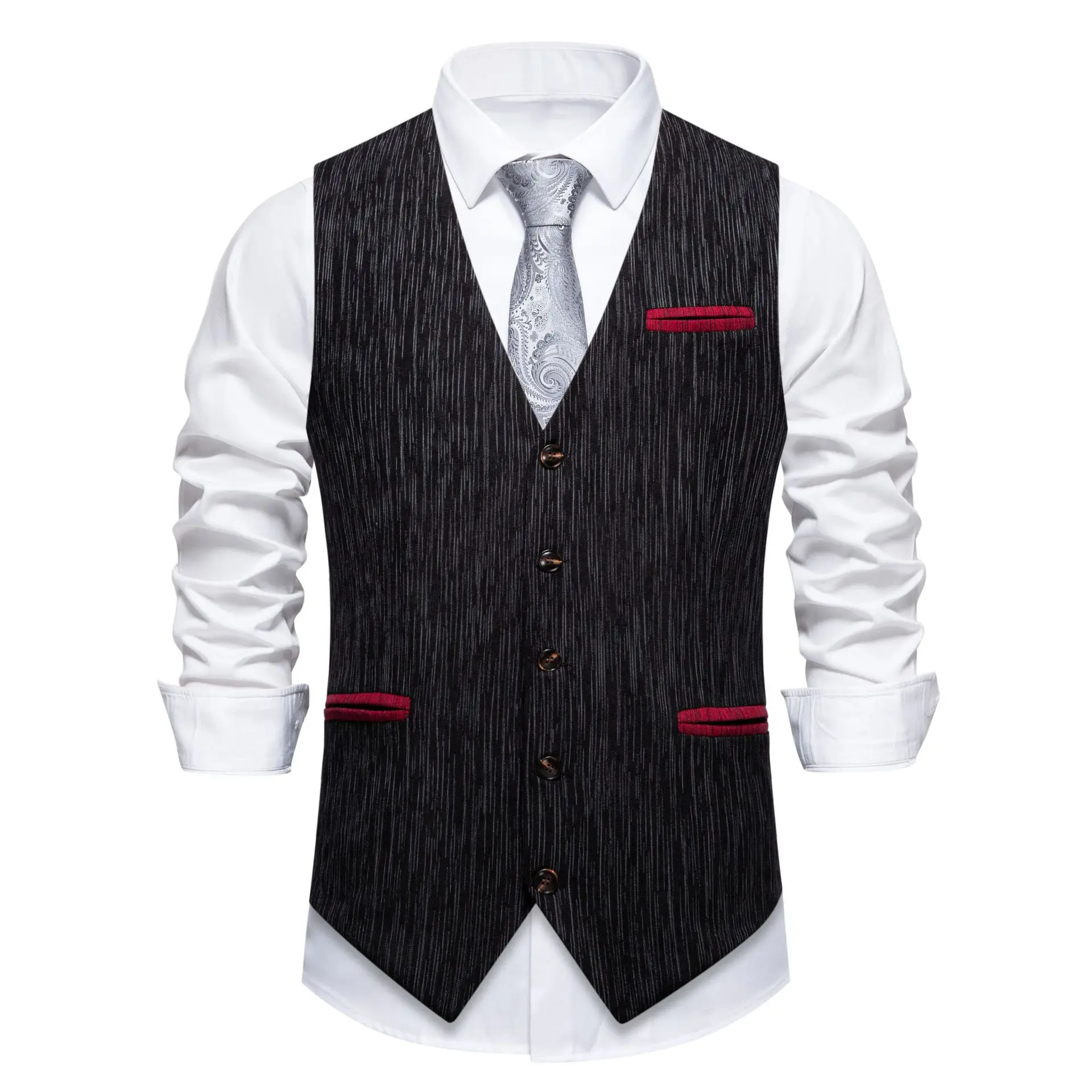

Vintage-style Men's Black Vest; Red Single-breasted V-neck Sleeveless Vests Jacket; European Sizes M–XXL.(Corduroy Fabric)