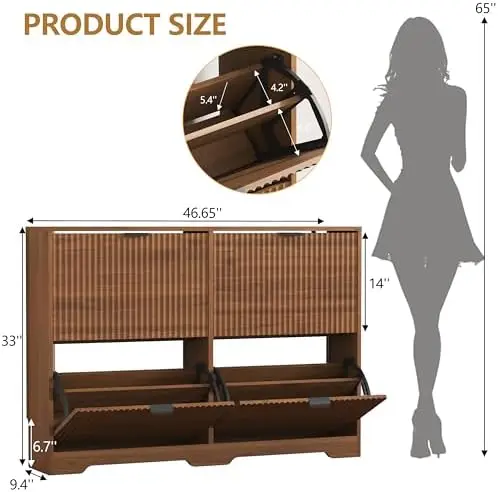 Shoe Cabinet Storage for Entryway with 4 Flip Drawers, Walnut Fluted Shoe Cabinet with Adjustable Shelves, Wooden