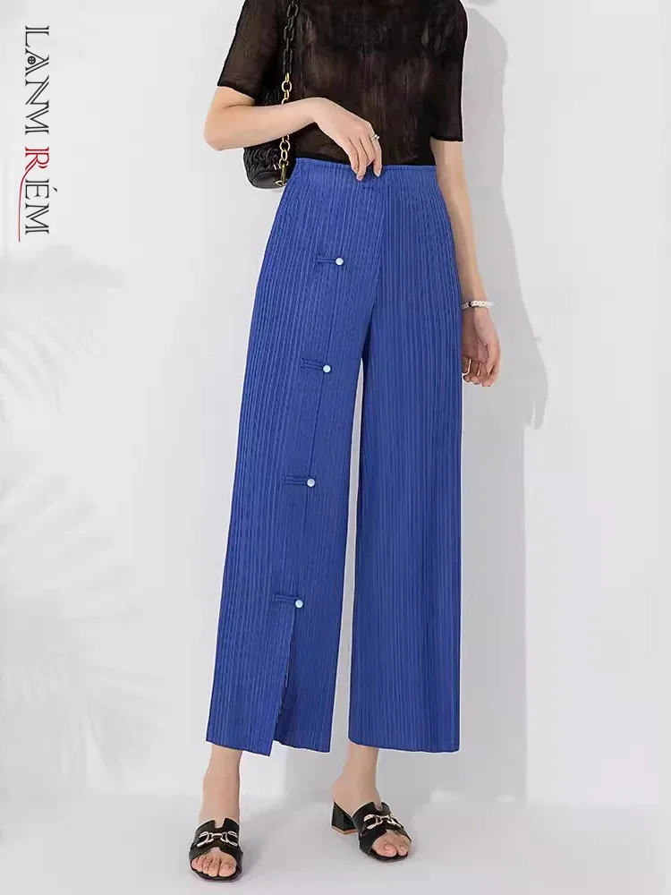 

LANMREM Pleated Split Wide Leg Pants For Women Elastic High Waist Solid Color Trousers Versatile 2024 Summer New Clothing 2Z1833