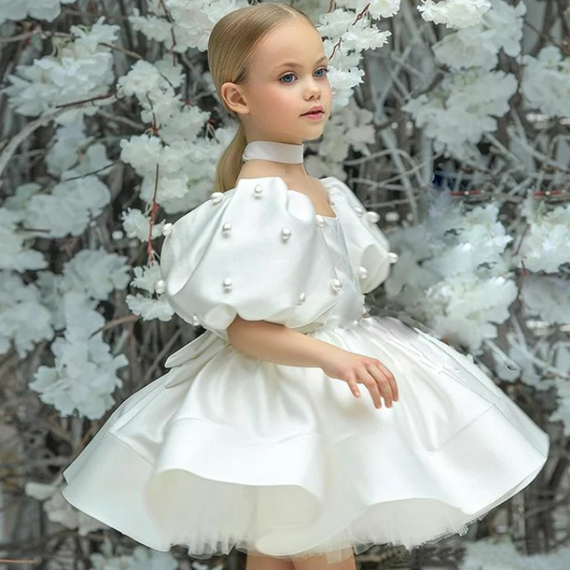 

Baby Girls Birthday Dress Kids Elegant Retro Princess Dresses Fashion Puff Sleeve Pearls Prom Dress for Girl Party Clothing