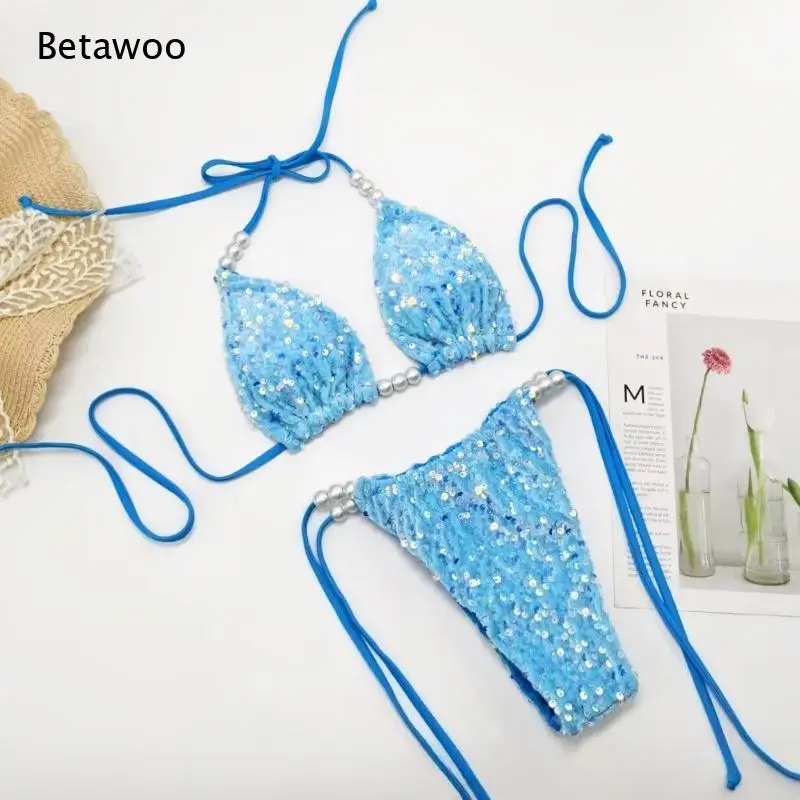 New Women Beachwear Multicolor Sequin Pearl Halter Triangle Tie Side Two Piece Bikini Set Swimwear Sexy Glitter Bathing Suit