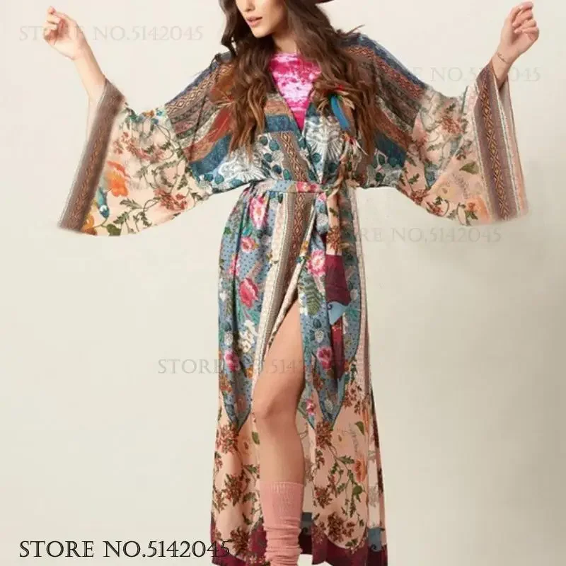 Novelty Print Floral Female Long Robe Kimono Cardigan Gown Fashion Beach Bikini Cover-Up Sexy Loose Casual Outwear Home Dress