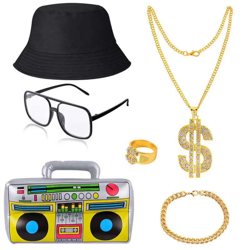 6 Piece 90s Hip Hop Dollar Sign Ring Necklace Sunglasses Set 80s Theme Party Inflatable Radio Boombox Disco Decoration Props