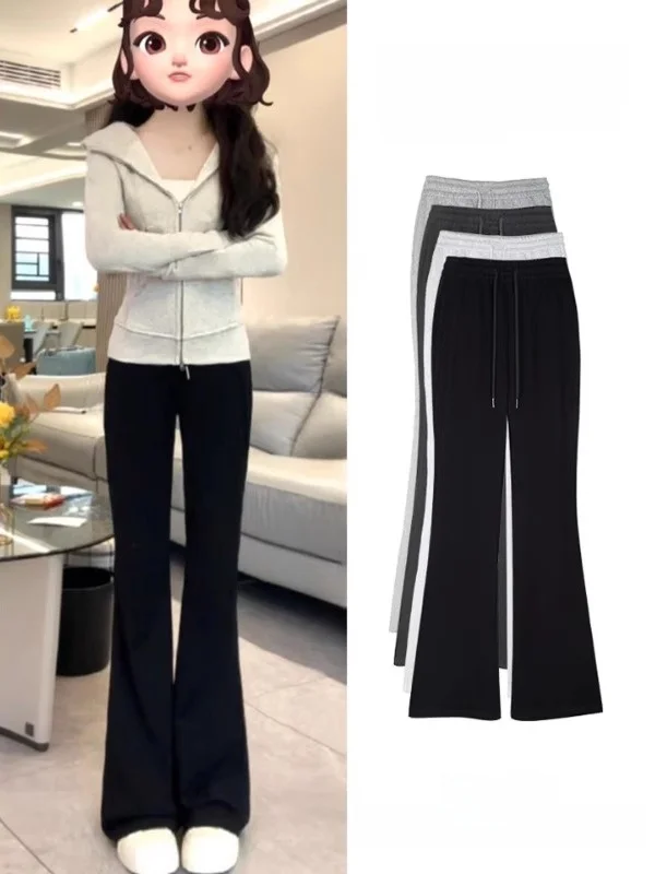 

Американские повседневные женские спортивные брюки с высокой талией на подкладке, универсальные свободные брюки из смеси хлопка и полиэстера