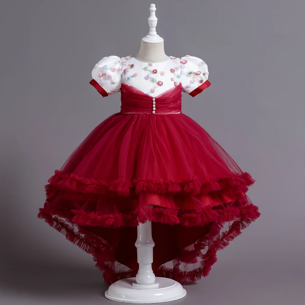 Red Flower Girls Birthday Dresses Puff Sleeve Party prince Dress European Style Girls Tutu Dress For Little Girls Children Gown