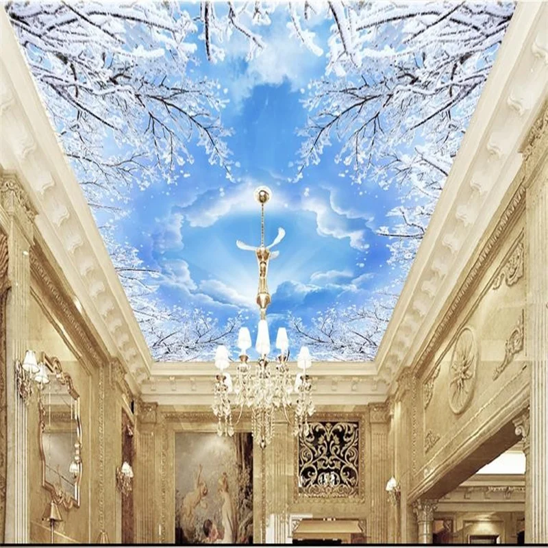 

customize high quality 3D wall paper for ceiling Blue sky and white pigeons 3D ceiling murals wallpapers for living room