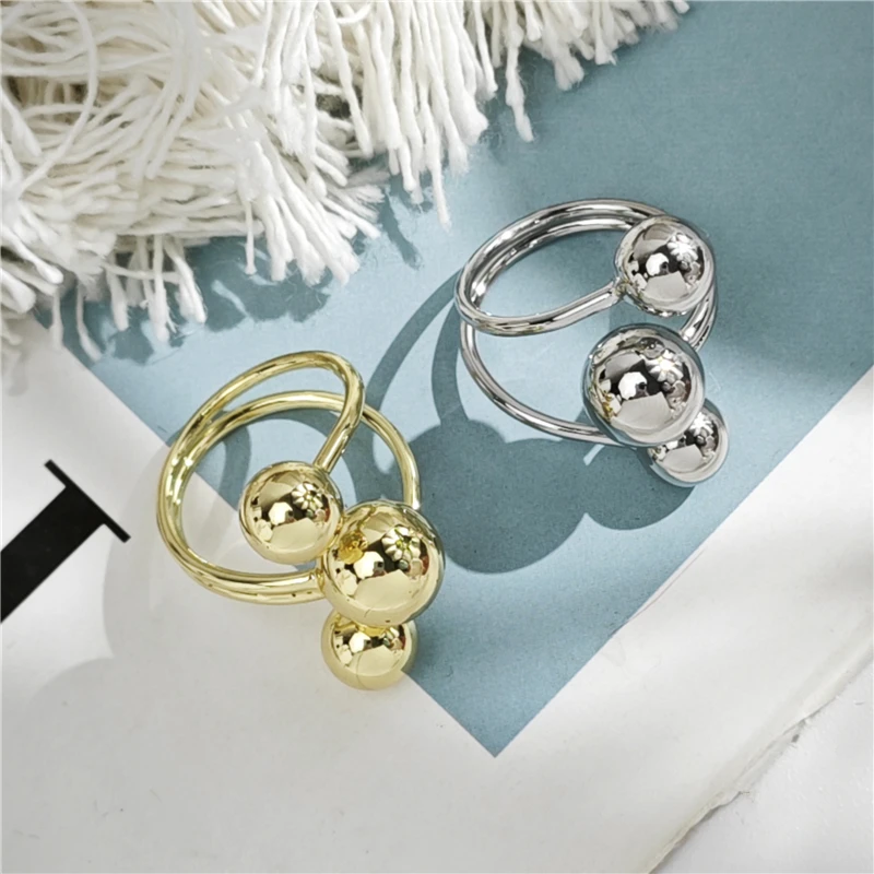 HUANZHI Gold Color 3 Balls Globe Shape Ring for Women Unisex Simple Creative Design Adjustable Stylish Metal Jewelry Gifts Hot