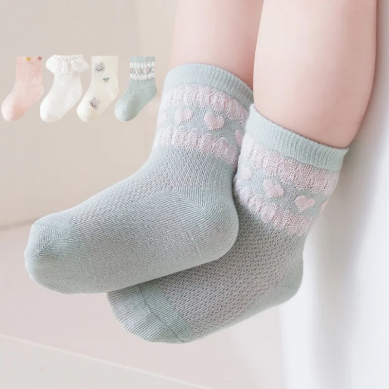 

4Pairs/set Newborn Girls Socks Cotton Soft Princess Ruffle Sock for Baby Girl Spring Summer Mesh Thin Children's Lace Socks 0-5Y