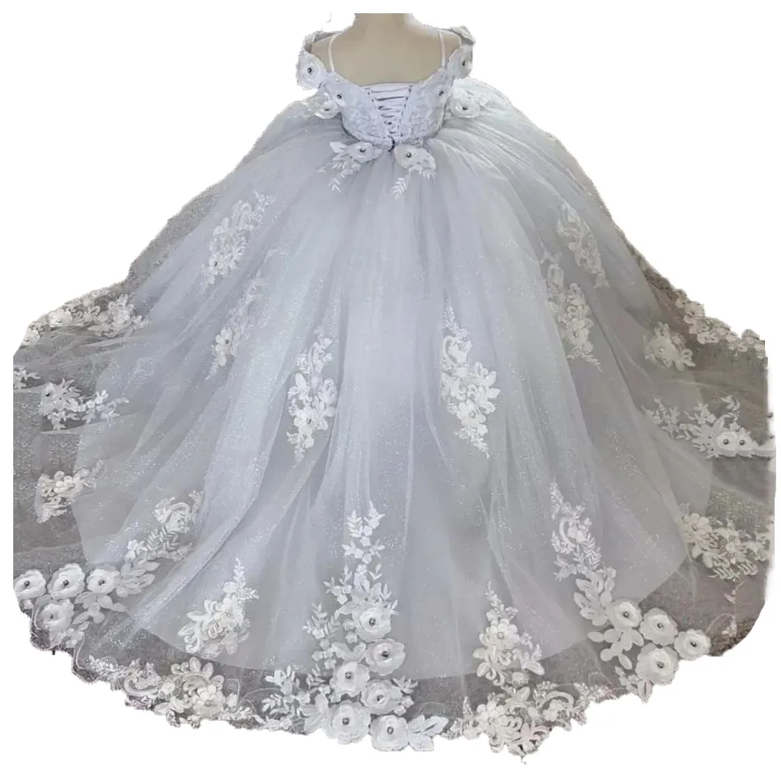 

White Flower Girl Dress for Wedding Tulle Lace Appliques First Communion Dress Kids Drop Shoulder Birthday Party Gown Custom