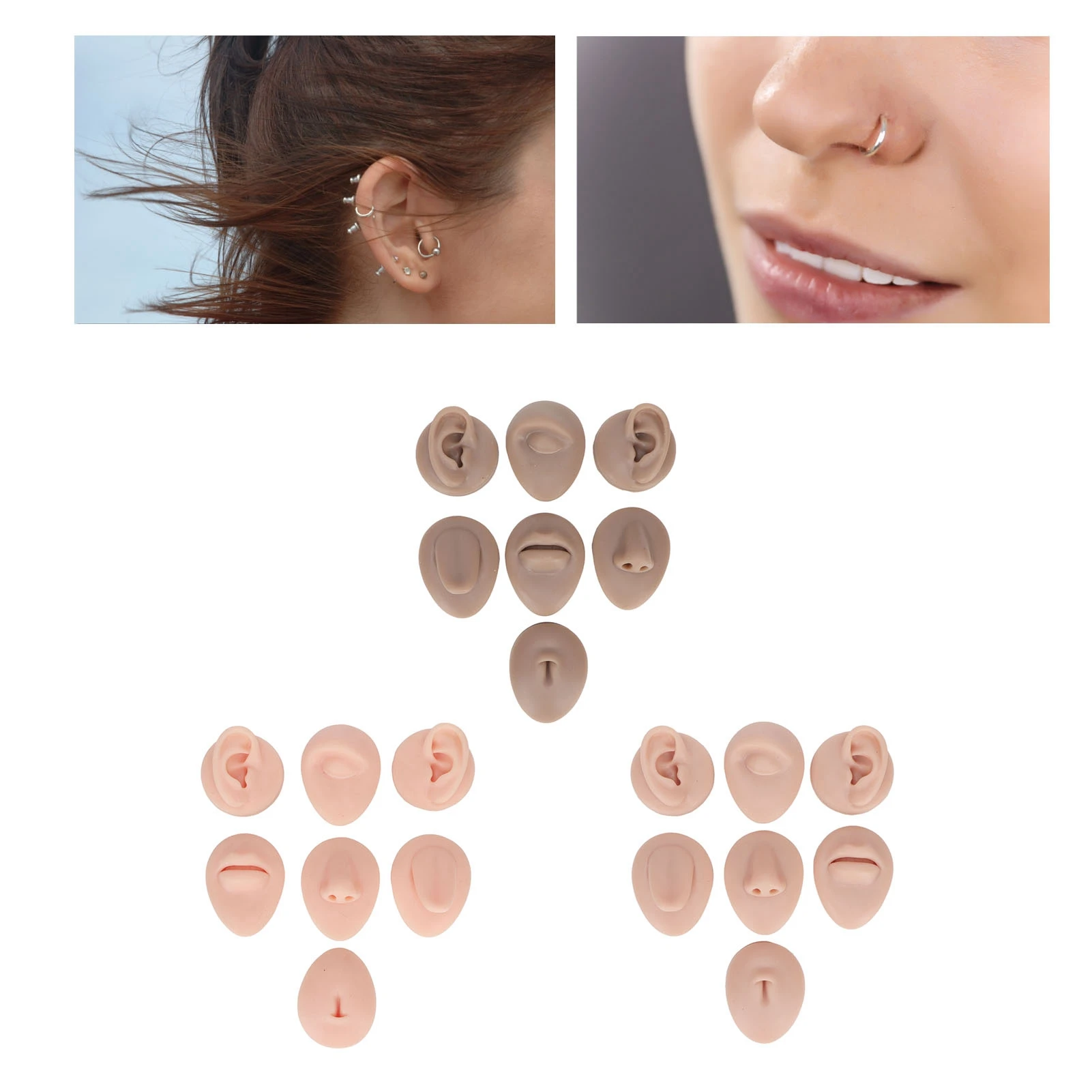 

Силиконовая модель ушей Силиконовая модель для практики тела Имитация силиконового уха Глаз Нос Рот Модель языка и пупка для новичков