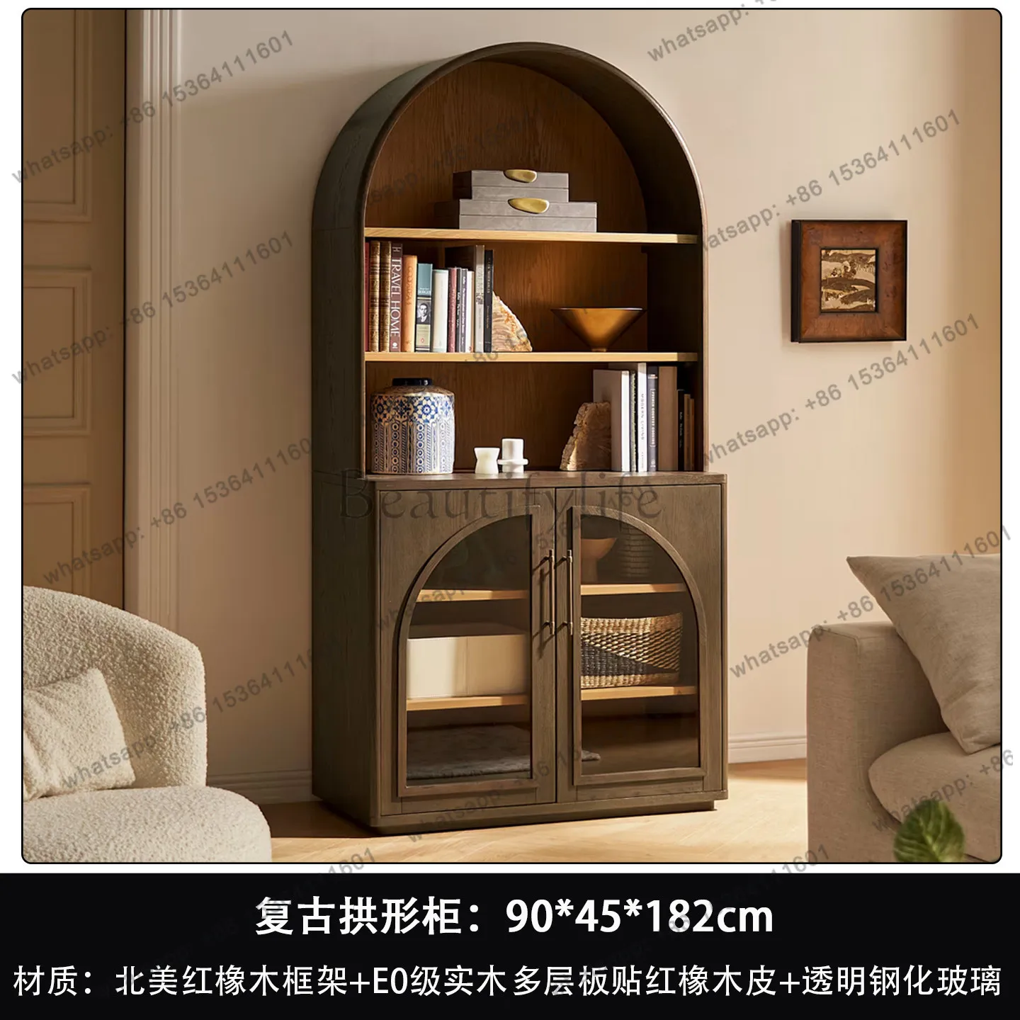 American light luxury solid wood bookcase antique arched glass door dining side cabinet in living room