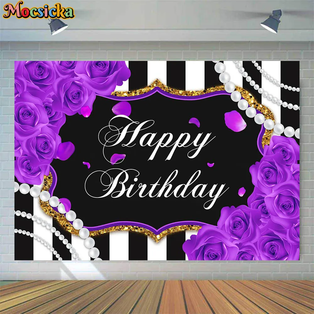 Mocsicka Women Birthday Backdrop Black and White Stripes Purple Flowers Happy Birthday Background Photo Studio Photography Props