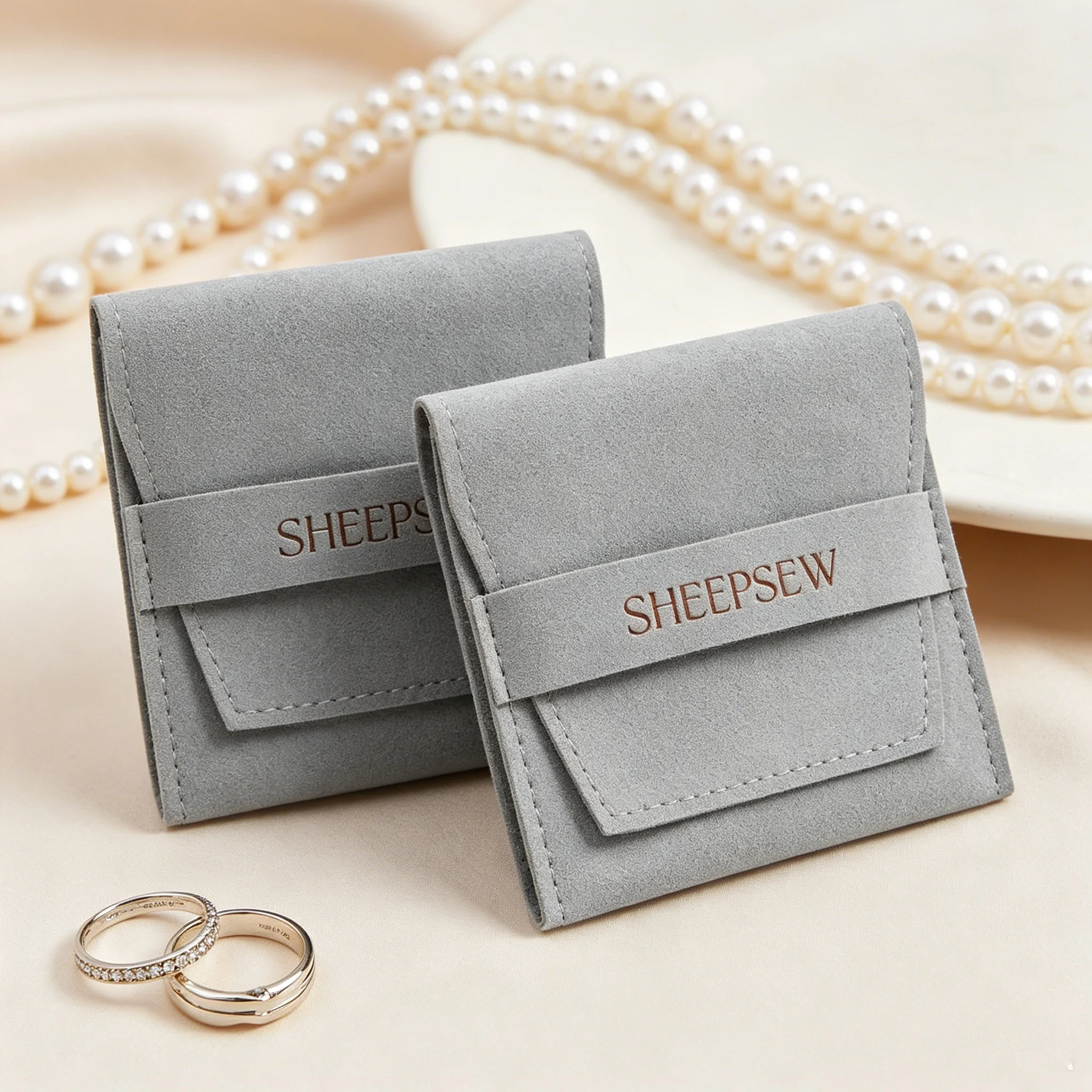 

SheepSew 50pcs Custom Embossed Printing Microfiber Flap Jewelry Gift Bag Pink Luxury Microfiber Necklace Ring Earring Envelope P