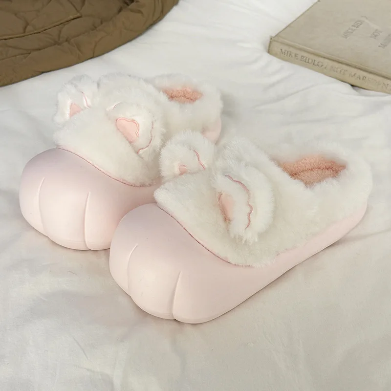 Winter Plush Bear Ear Waterproof Slippers Cute Thickened Home Non Slip Warm Shoes Bedroom Parent‑child Warm Slippers