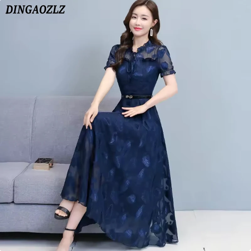 

2025 Summer Women Dress New A-line Slim Short Sleeve Chiffon Jacquard Dress Elegant Fashion Lace-up Long Dress Vestidos