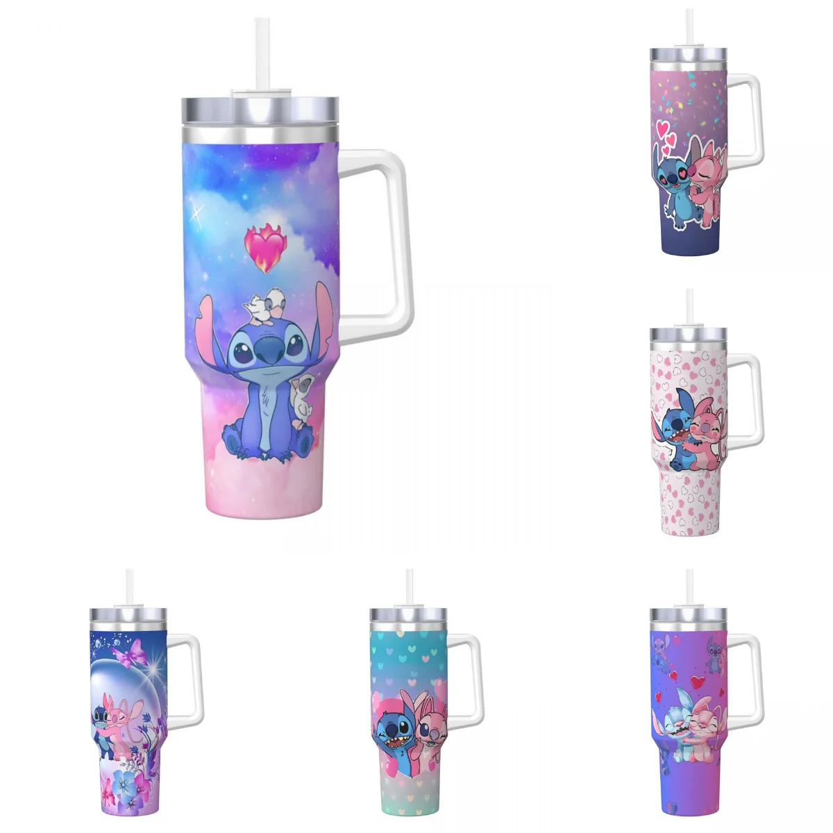 Stainless Steel Tumbler Stitch Angel Mugs Cup With Straws Driving Hot Drinks Water Bottle Portable Large Capacity Thermal Mug