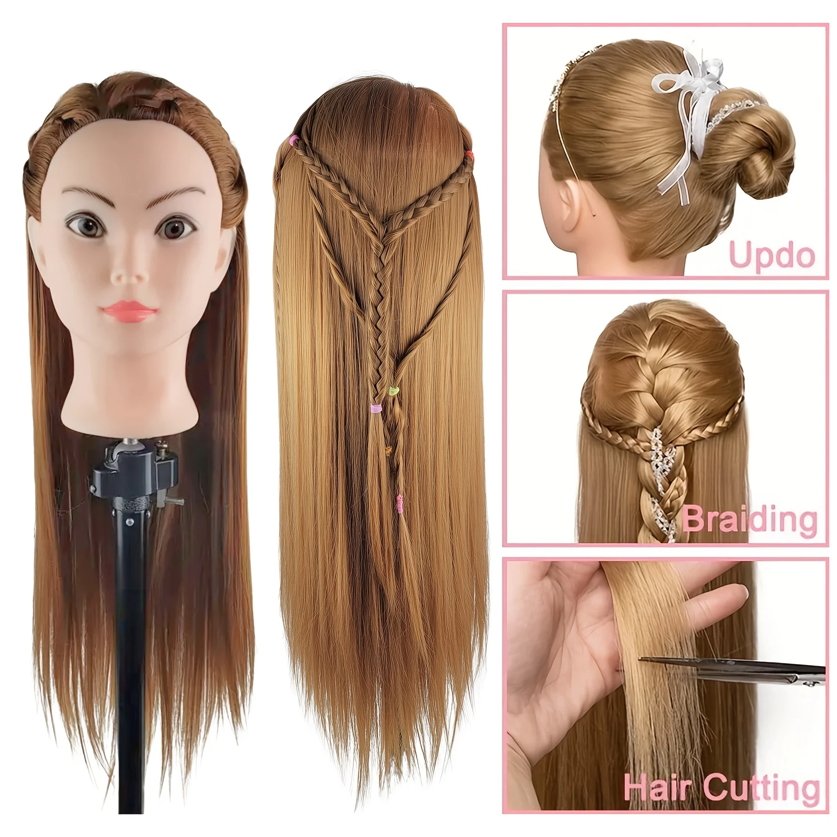 رأس عارضة أزياء مع رأس عارضة أزياء للشعر لممارسة التضفير وتصفيف الشعر مثالية للصالونات ومحلات الحلاقة ومدارس التجميل