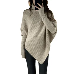 Women Pullover Fashion Sweater Long Sleeve Irregular High Collar Casual Basic Soft Simple Knitted Basic Chic Solid Tops New