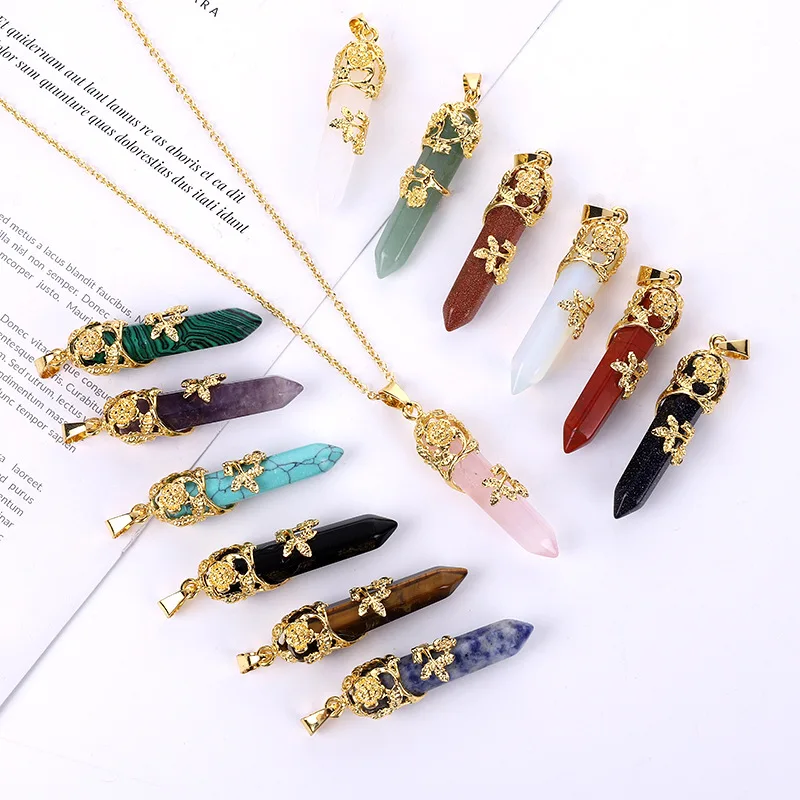 Natural Agate Quartz Prism Stone Rose Single Pointed Hexagonal Column Repair Crystal Pendant Necklace Jewelry Gold