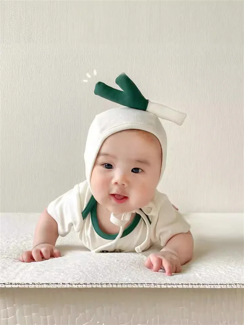 Funny Summer Baby Boy Girls Clothes Korean Romper Bodysuit Cotton Short Infant Scallion Pattern Onesie Jumpsuits With Hat 2024