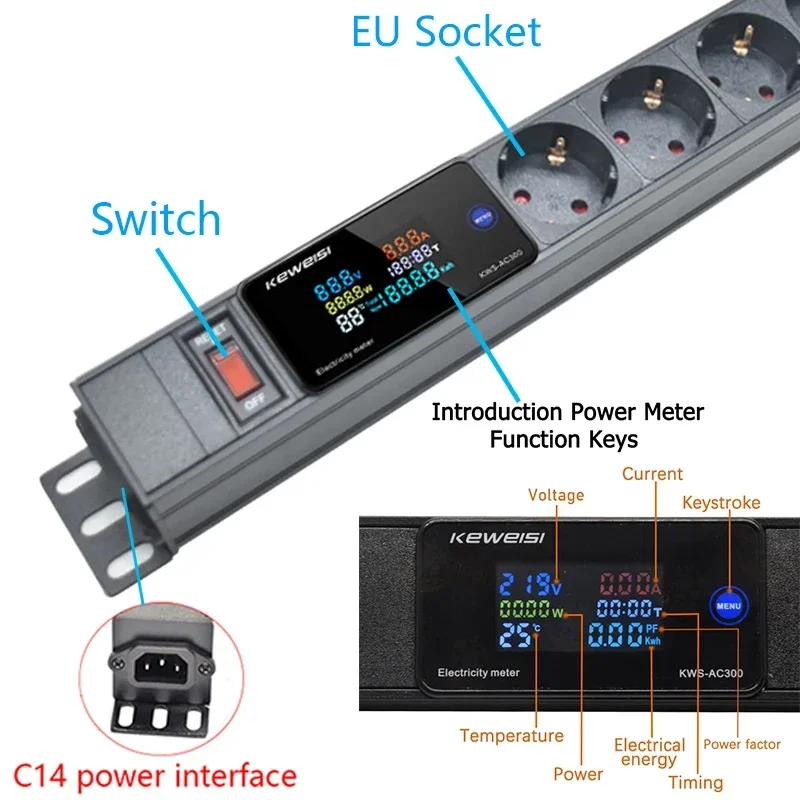 Cabinet Rack PDU Power Strip With 2USB 2/3/4/5/6/7/8 European Outlets Digital Voltmeter Ammeter Wattmeter C14 interface