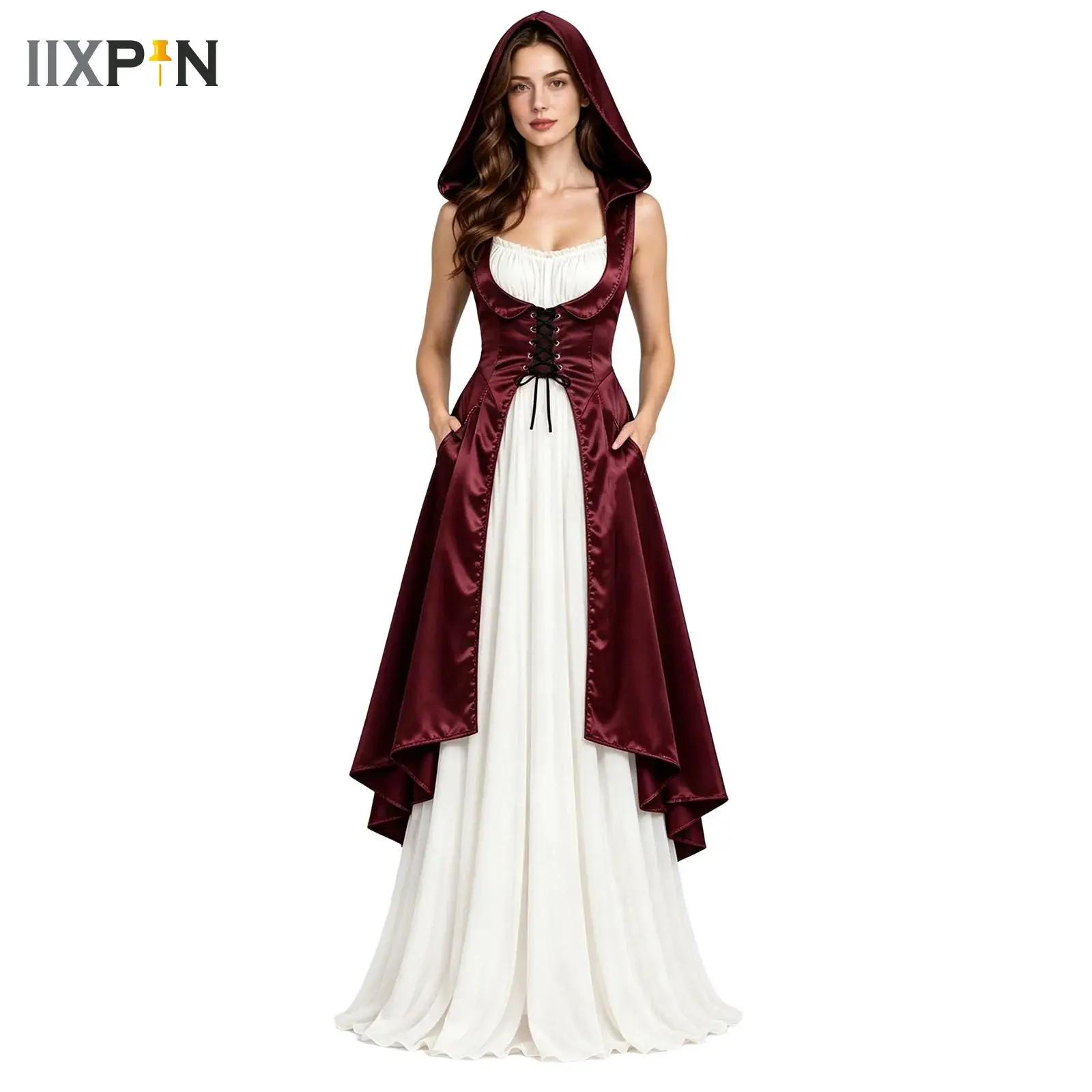Disfraces de la época renacentista para mujer, disfraz de Halloween para mujer, disfraz medieval de estilo vintage con capucha, vestido de satén con cordones y corte asimétrico.
