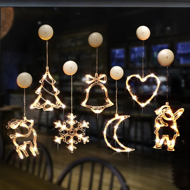 Lâmpada de led com sucker para decoração, boneco de neve, luzes e sino para janela de natal, decoração doméstica alimentada por bateria