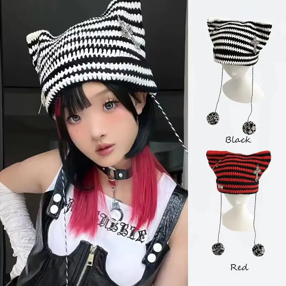 Ears Pointed Pullover Y2K Cute Y2K Beanie Hat Striped Devil Ear Cat Knitted Beanie Hat Autumn Winter