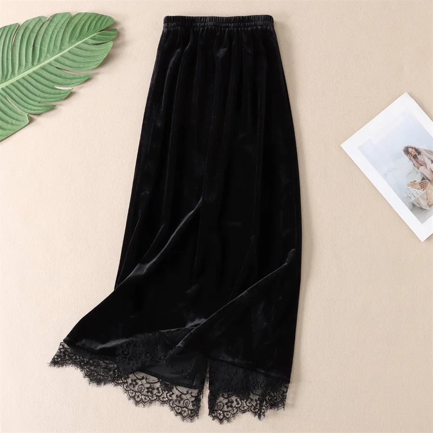 Gowyimmes 2025 New Big Size Vintage Fashion Women Midi-Long Gold Velvet Skirt Slim Lady Black Lace Skirts Split Bottomings 1850