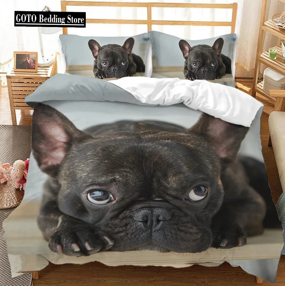 3D Print Animal Bedding Set for Teen Child Dormitory, Pug French Bulldog Duvet Cover Set, Microfiber Cute Naughty Pet Dog Twin,