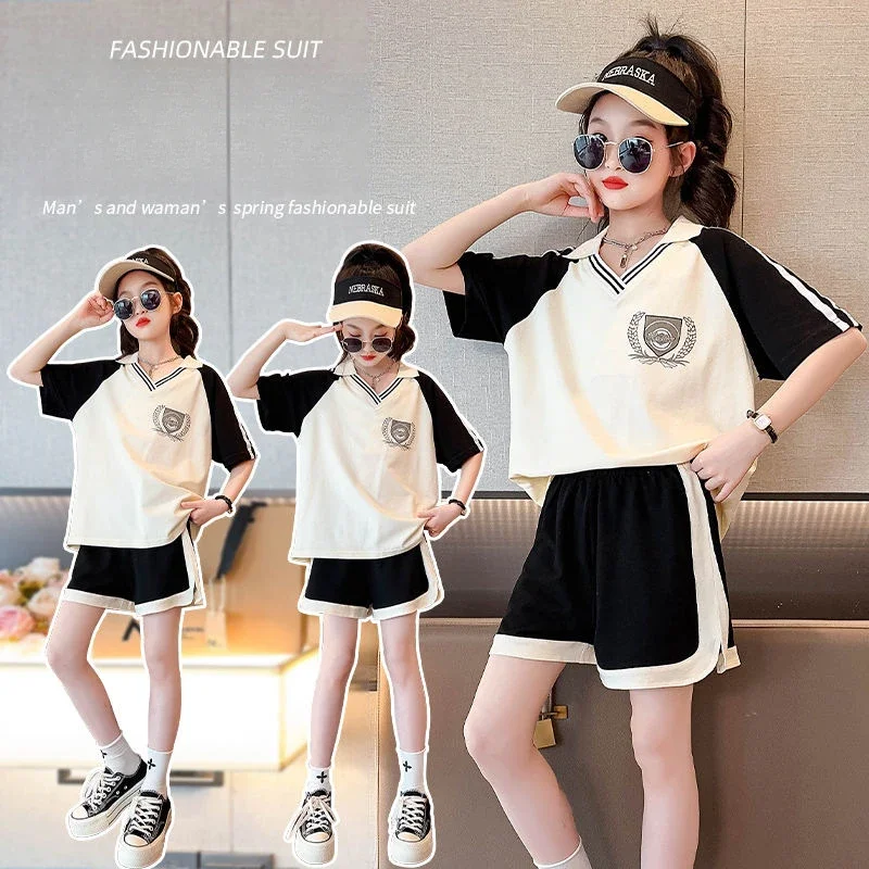 

Summer Clothes Set for Children Girls Fashion V Neck T-shirts and Shorts 2pcs Suit Teenage Lapel Top Bottom Outfits Tracksuits