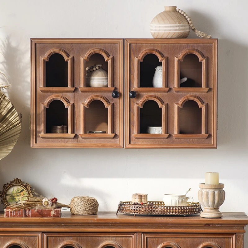 

French retro antique wall cabinet living room suspended wall cabinet locker hollow retro solid wood display cabinet