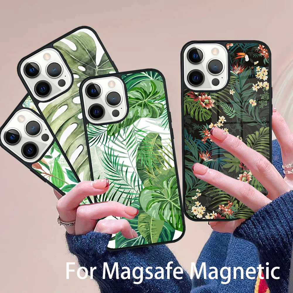 

Summer Tropical Plants Leaf Phone Case Magesafe Magnetic Wireless Charge Cover For IPhone 16 11 12 13 14 15 Pro Max Plus Mini