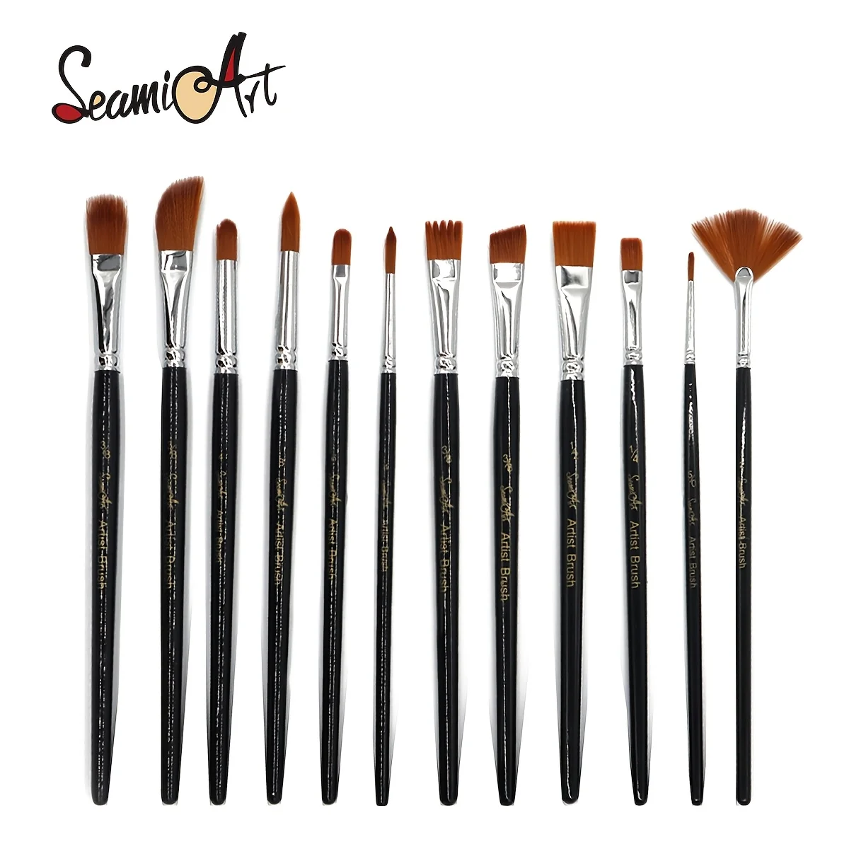 SeamiArt 12Pcs Different Shape Wood Nylon Hair Watercolor Paint Brush Set for Beginner Water Color Acrylic Oil Painting Brushes