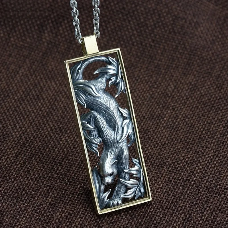 Bestlybuy New Solid S925 Pure Man Three-Dimensional Engraved Leopard Copper Frame Rectangular Thai Silver Pendant