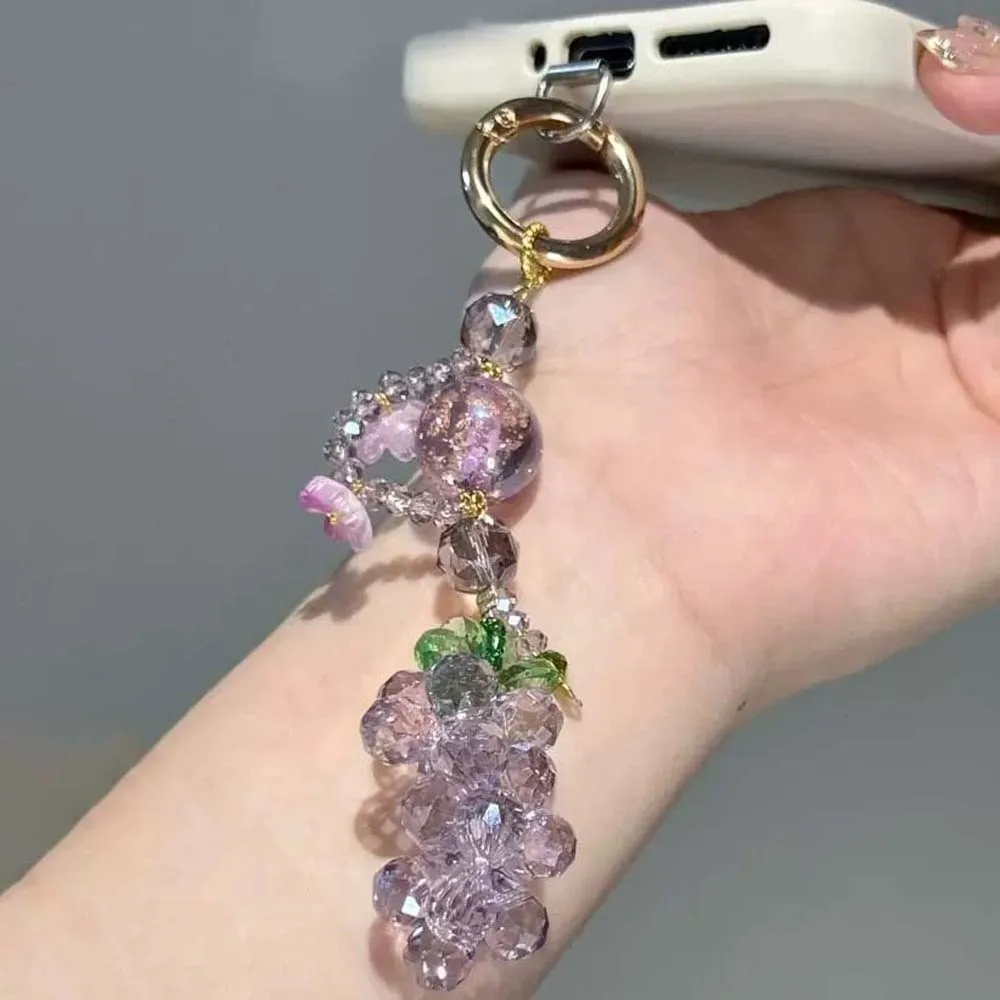 

Elegant Grape Cluster Pendant Alloy Purple Crystal Grape Phone Chain Green Flower Gradient Beads Woven Pendant Backpack