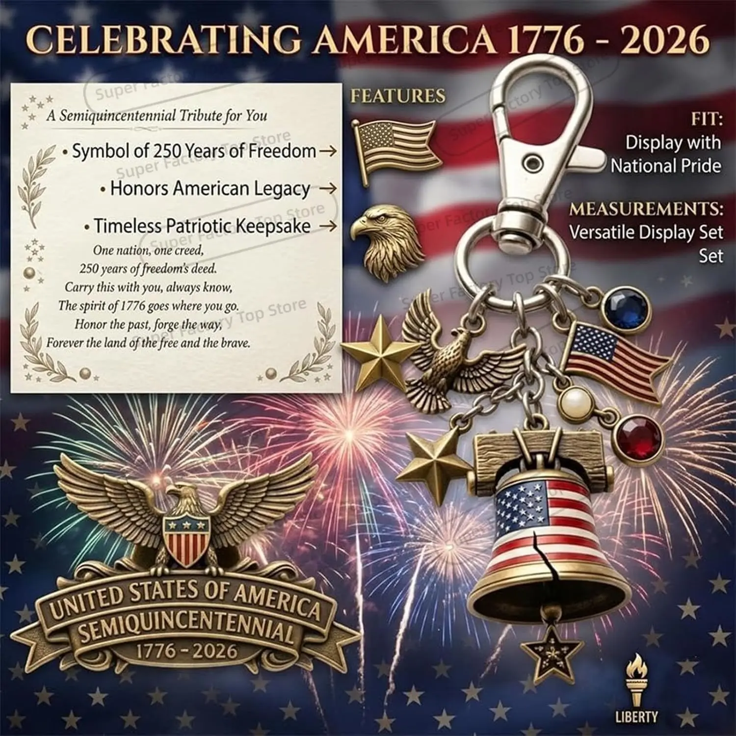 New Semiquincentennial Tribute Set: Card + Lapel Pin + Keychain, 1776–2026 American Anniversary Keychain, Founding Spirit Gift